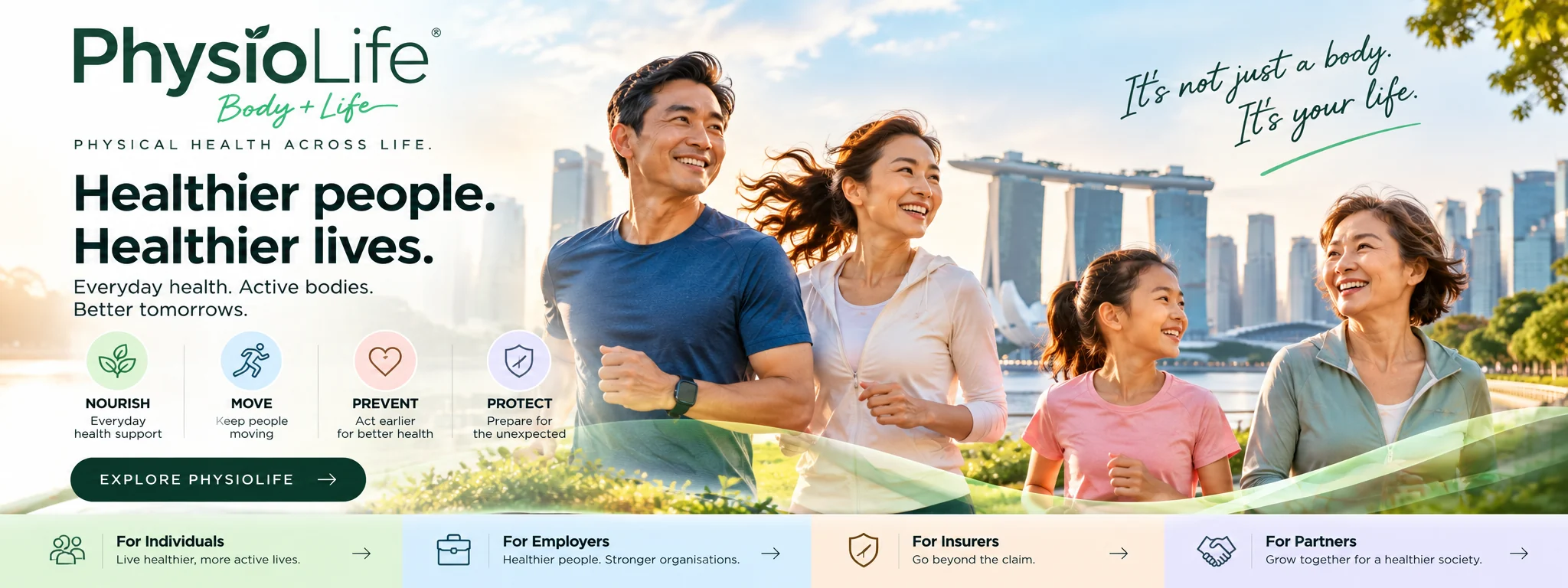 PhysioLife. Healthier people, healthier lives. Nourish, Move, Prevent, Protect. A family running together in Singapore.